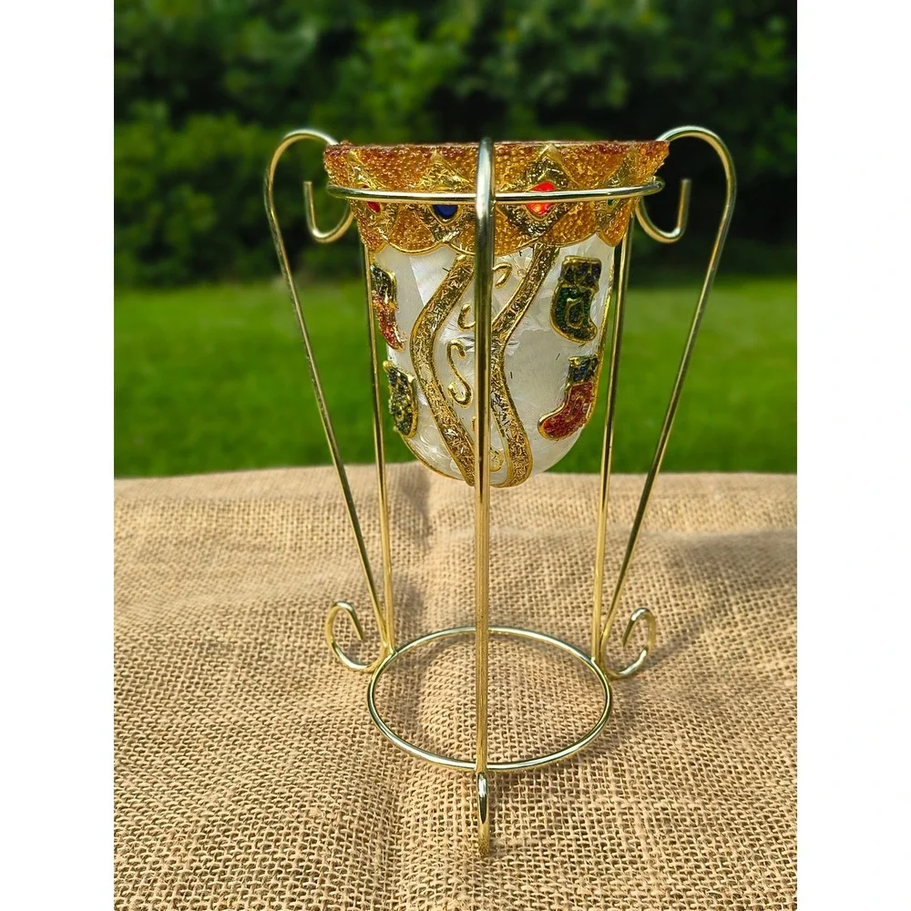 Christmas Stocking Votive Candle Holder with Gold Wire Stand Jewel Accents